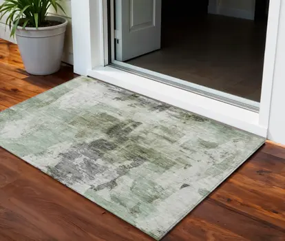 3' X 5' Mint Green Ivory And Gray Abstract Washable Indoor Outdoor Area Rug