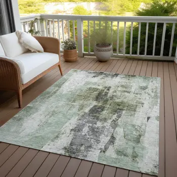 3' X 5' Mint Green Ivory And Gray Abstract Washable Indoor Outdoor Area Rug