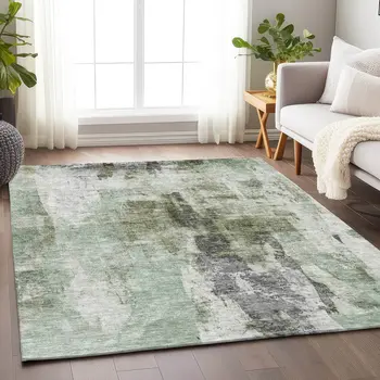 3' X 5' Mint Green Ivory And Gray Abstract Washable Indoor Outdoor Area Rug