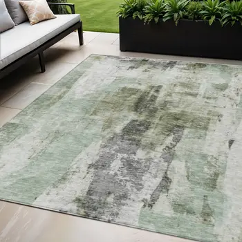 5' X 8' Mint Green Ivory And Gray Abstract Washable Indoor Outdoor Area Rug