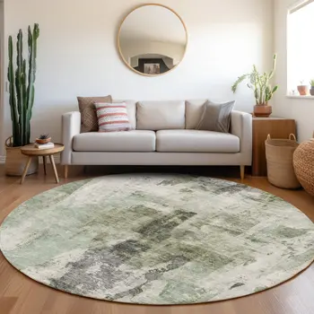 8' Mint Green Ivory And Gray Round Abstract Washable Indoor Outdoor Area Rug