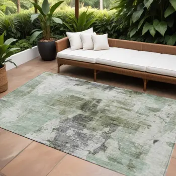 8' X 10' Mint Green Ivory And Gray Abstract Washable Indoor Outdoor Area Rug