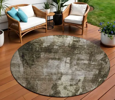 8' Brown Black And Beige Round Abstract Washable Indoor Outdoor Area Rug