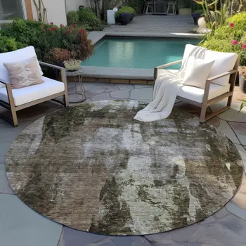 8' Brown Black And Beige Round Abstract Washable Indoor Outdoor Area Rug