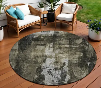 8' Charcoal And Black Round Abstract Washable Indoor Outdoor Area Rug