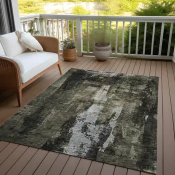 10' X 14' Charcoal And Black Abstract Washable Indoor Outdoor Area Rug
