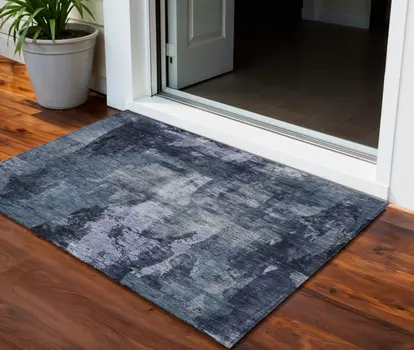 3' X 5' Navy Blue Black And Gray Abstract Washable Indoor Outdoor Area Rug