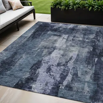 5' X 8' Navy Blue Black And Gray Abstract Washable Indoor Outdoor Area Rug