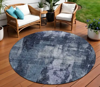 8' Navy Blue Black And Gray Round Abstract Washable Indoor Outdoor Area Rug