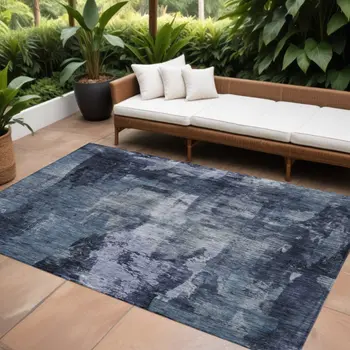 8' X 10' Navy Blue Black And Gray Abstract Washable Indoor Outdoor Area Rug
