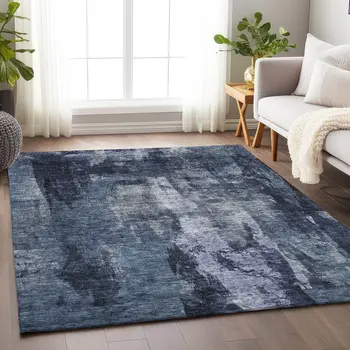 8' X 10' Navy Blue Black And Gray Abstract Washable Indoor Outdoor Area Rug