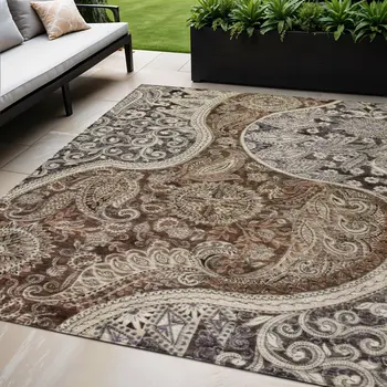 3' X 5' Brown Beige And Tan Floral Medallion Washable Indoor Outdoor Area Rug