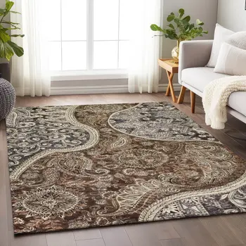 3' X 5' Brown Beige And Tan Floral Medallion Washable Indoor Outdoor Area Rug