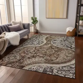 3' X 5' Brown Beige And Tan Floral Medallion Washable Indoor Outdoor Area Rug