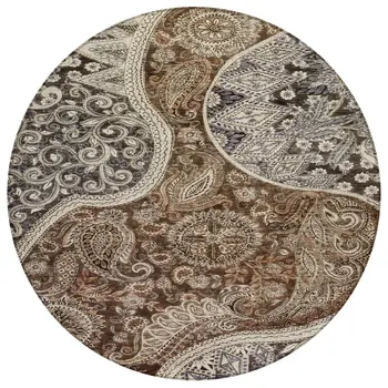 8' Brown Beige And Tan Round Floral Medallion Washable Indoor Outdoor Area Rug