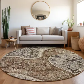 8' Brown Beige And Tan Round Floral Medallion Washable Indoor Outdoor Area Rug