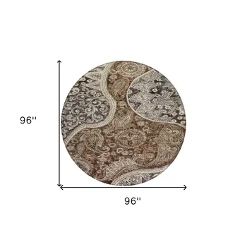 8' Brown Beige And Tan Round Floral Medallion Washable Indoor Outdoor Area Rug