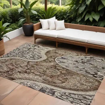 9' X 12' Brown Beige And Tan Floral Medallion Washable Indoor Outdoor Area Rug