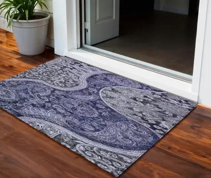 3' X 5' Navy Blue Gray And Green Floral Medallion Washable Indoor Outdoor Area Rug