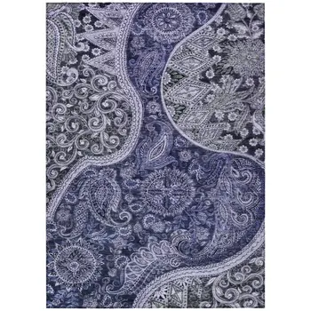 3' X 5' Navy Blue Gray And Green Floral Medallion Washable Indoor Outdoor Area Rug
