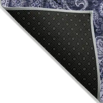 3' X 5' Navy Blue Gray And Green Floral Medallion Washable Indoor Outdoor Area Rug