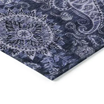 3' X 5' Navy Blue Gray And Green Floral Medallion Washable Indoor Outdoor Area Rug