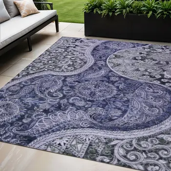 5' X 8' Navy Blue Gray And Green Floral Medallion Washable Indoor Outdoor Area Rug