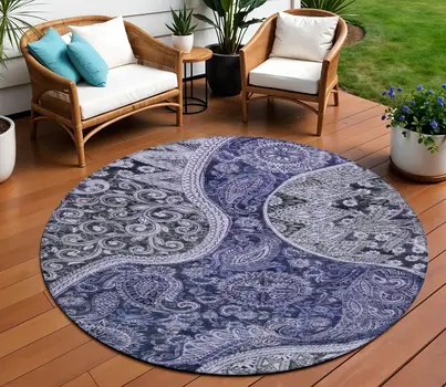 8' Navy Blue Gray And Green Round Floral Medallion Washable Indoor Outdoor Area Rug