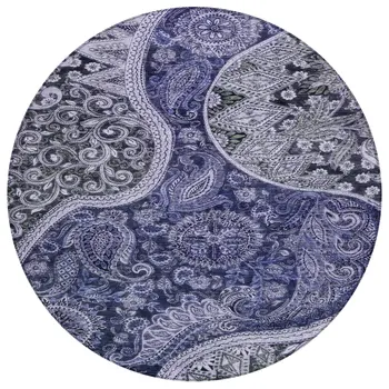 8' Navy Blue Gray And Green Round Floral Medallion Washable Indoor Outdoor Area Rug