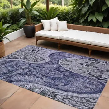8' X 10' Navy Blue Gray And Green Floral Medallion Washable Indoor Outdoor Area Rug