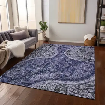 8' X 10' Navy Blue Gray And Green Floral Medallion Washable Indoor Outdoor Area Rug