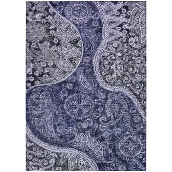 9' X 12' Navy Blue Gray And Green Floral Medallion Washable Indoor Outdoor Area Rug