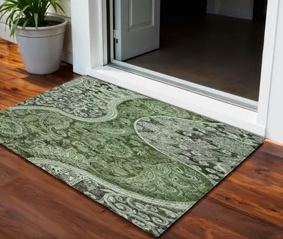 3' X 5' Olive Green Charcoal And Gray Floral Medallion Washable Indoor Outdoor Area Rug