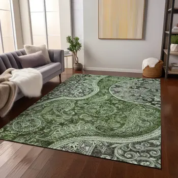 3' X 5' Olive Green Charcoal And Gray Floral Medallion Washable Indoor Outdoor Area Rug