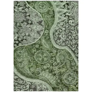 5' X 8' Olive Green Charcoal And Gray Floral Medallion Washable Indoor Outdoor Area Rug
