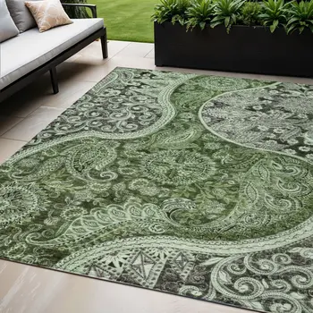 5' X 8' Olive Green Charcoal And Gray Floral Medallion Washable Indoor Outdoor Area Rug