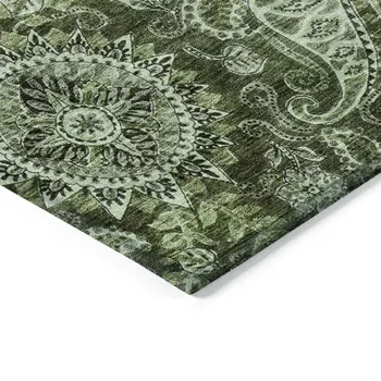 5' X 8' Olive Green Charcoal And Gray Floral Medallion Washable Indoor Outdoor Area Rug