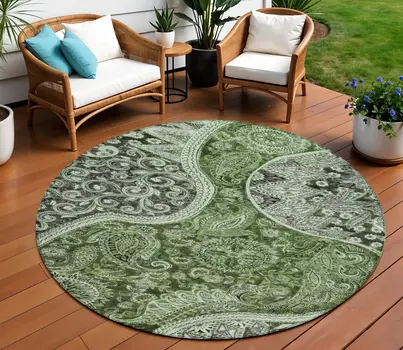 8' Olive Green Charcoal And Gray Round Floral Medallion Washable Indoor Outdoor Area Rug