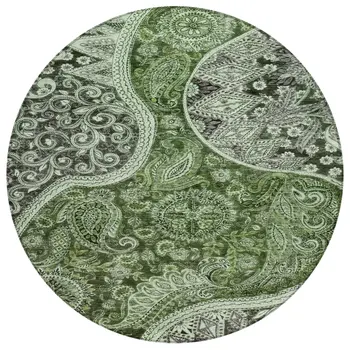 8' Olive Green Charcoal And Gray Round Floral Medallion Washable Indoor Outdoor Area Rug