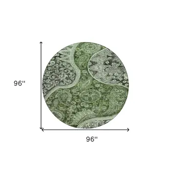 8' Olive Green Charcoal And Gray Round Floral Medallion Washable Indoor Outdoor Area Rug
