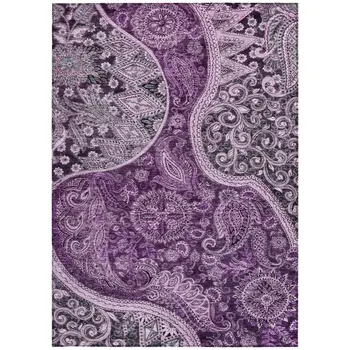 3' X 5' Purple And Charcoal Floral Medallion Washable Indoor Outdoor Area Rug