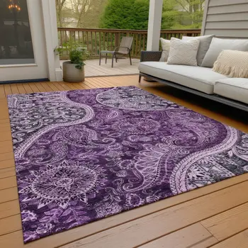 3' X 5' Purple And Charcoal Floral Medallion Washable Indoor Outdoor Area Rug