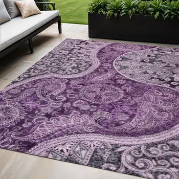 5' X 8' Purple And Charcoal Floral Medallion Washable Indoor Outdoor Area Rug