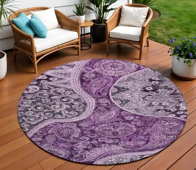8' Purple And Charcoal Round Floral Medallion Washable Indoor Outdoor Area Rug