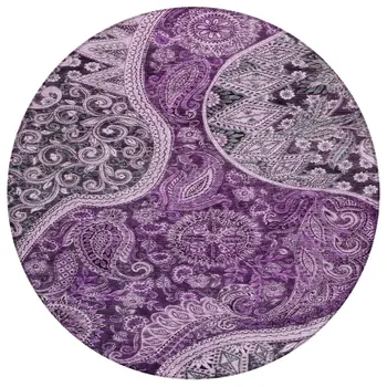 8' Purple And Charcoal Round Floral Medallion Washable Indoor Outdoor Area Rug