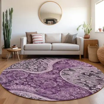 8' Purple And Charcoal Round Floral Medallion Washable Indoor Outdoor Area Rug