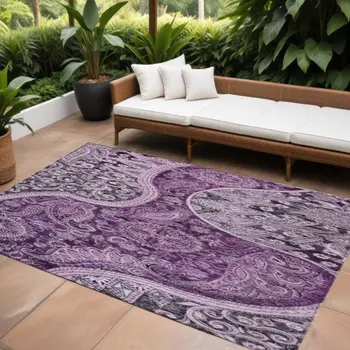 10' X 14' Purple And Charcoal Floral Medallion Washable Indoor Outdoor Area Rug