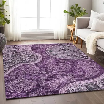 10' X 14' Purple And Charcoal Floral Medallion Washable Indoor Outdoor Area Rug