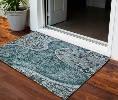 3' X 5' Teal Blue And Dark Green Floral Medallion Washable Indoor Outdoor Area Rug
