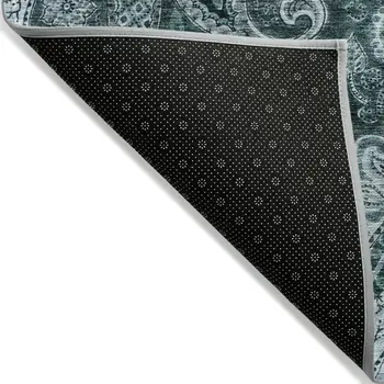 3' X 5' Teal Blue And Dark Green Floral Medallion Washable Indoor Outdoor Area Rug
